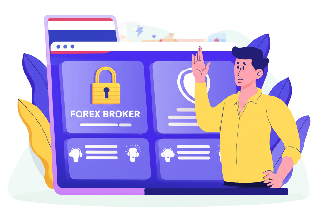 illustration of a Thai trader confidently choosing a reliable forex broker with strong security features and customer support