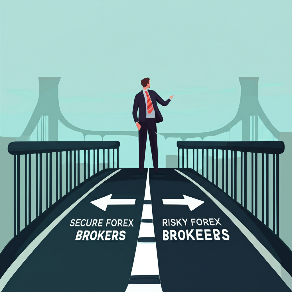 Illustration of a trader choosing between secure and risky forex brokers a bridge to global markets