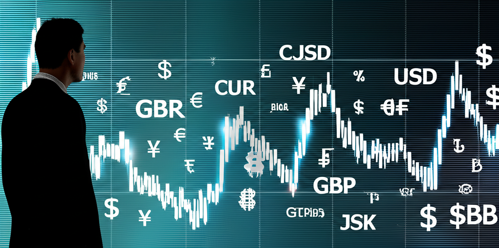 ภาพประกอบของบุคคลที่กำลังดูกราฟตลาดสกุลเงินโลกพร้อมสัญลักษณ์สกุลเงินต่างๆ