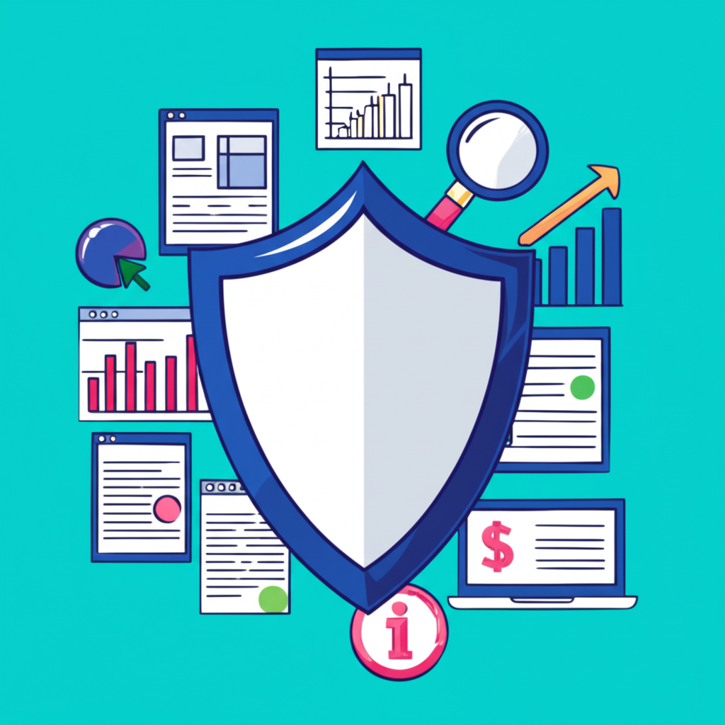 illustration of various forex broker selection criteria including a shield for security and charts for trading platforms