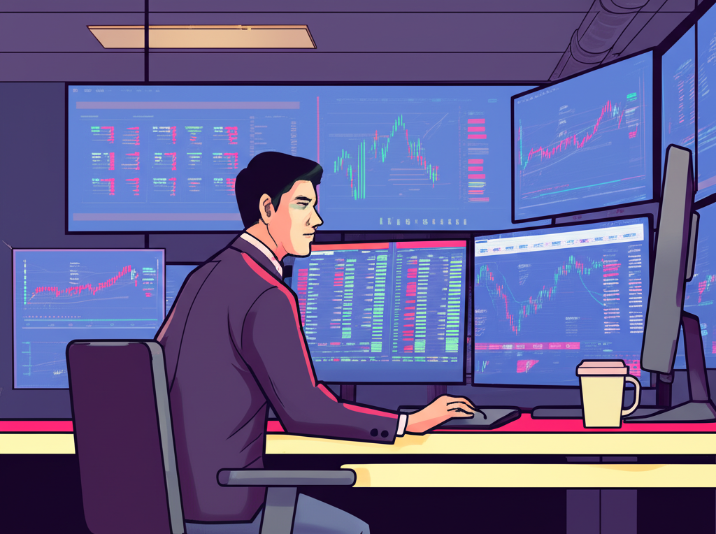 Illustration of a Thai trader confidently managing multiple screens with live forex charts and currency pairs