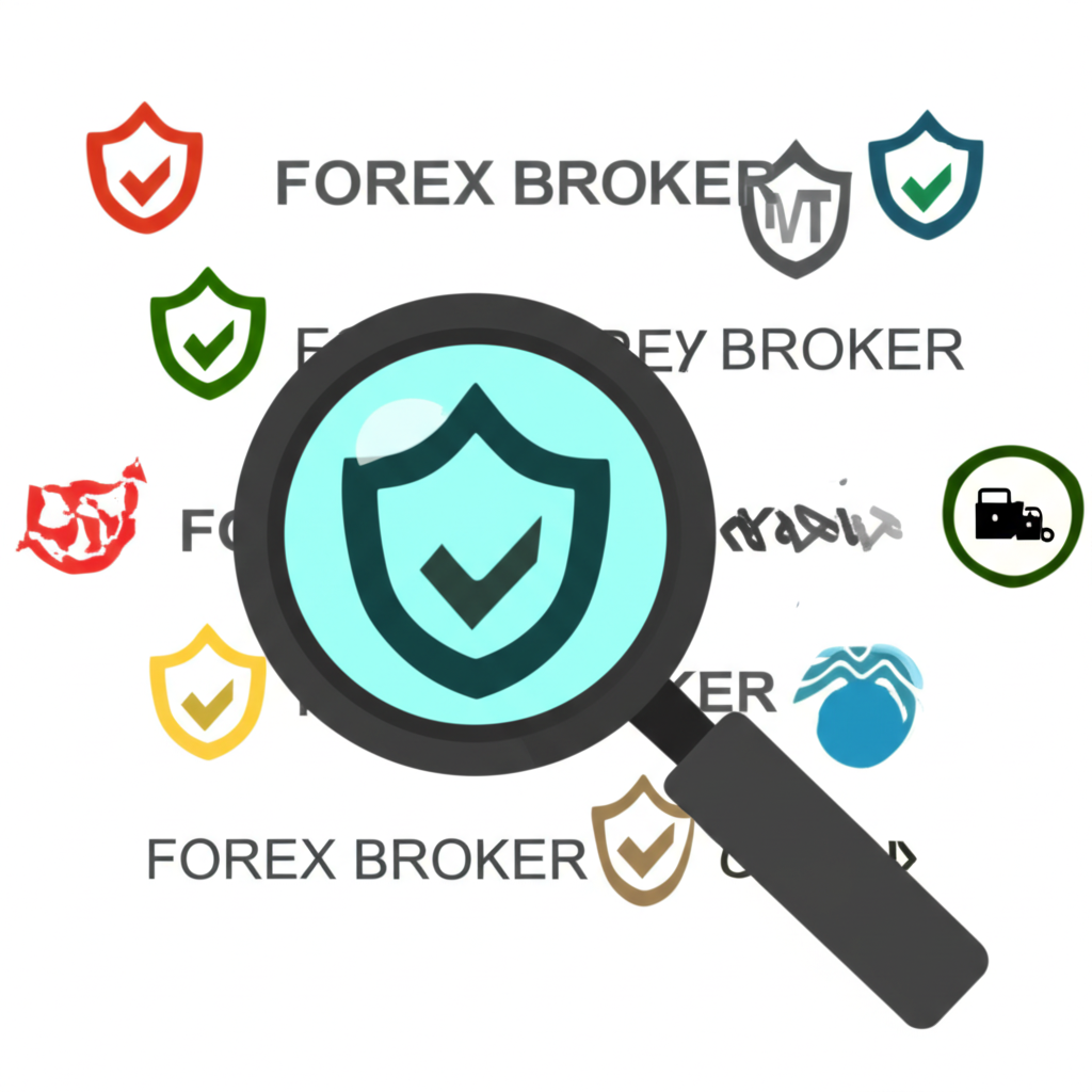 Illustration of a magnifying glass inspecting forex broker logos with security shields and regulatory badges