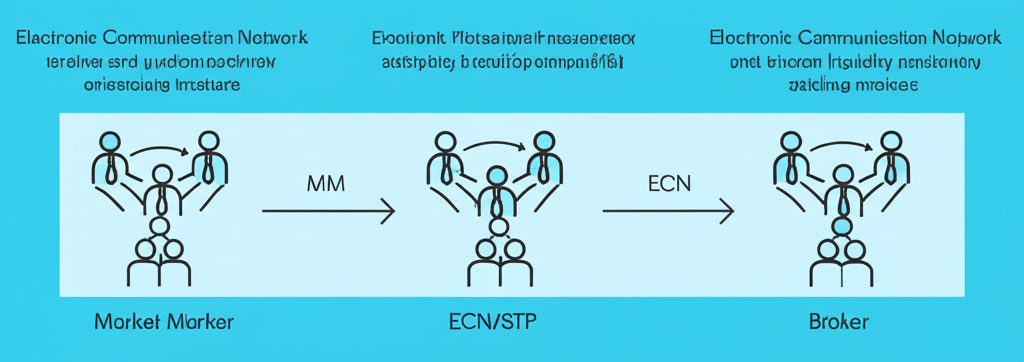ภาพประกอบประเภทของโบรกเกอร์ Forex ทั้ง MM และ ECN/STP ที่เชื่อมต่อนักเทรดเข้าสู่ตลาดระหว่างธนาคาร