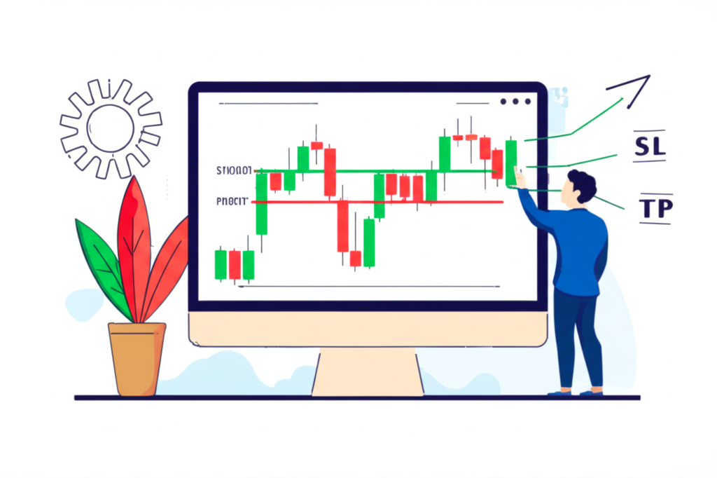 Illustration of a trader strategizing on a Forex chart marking entry, stop loss, and take profit points