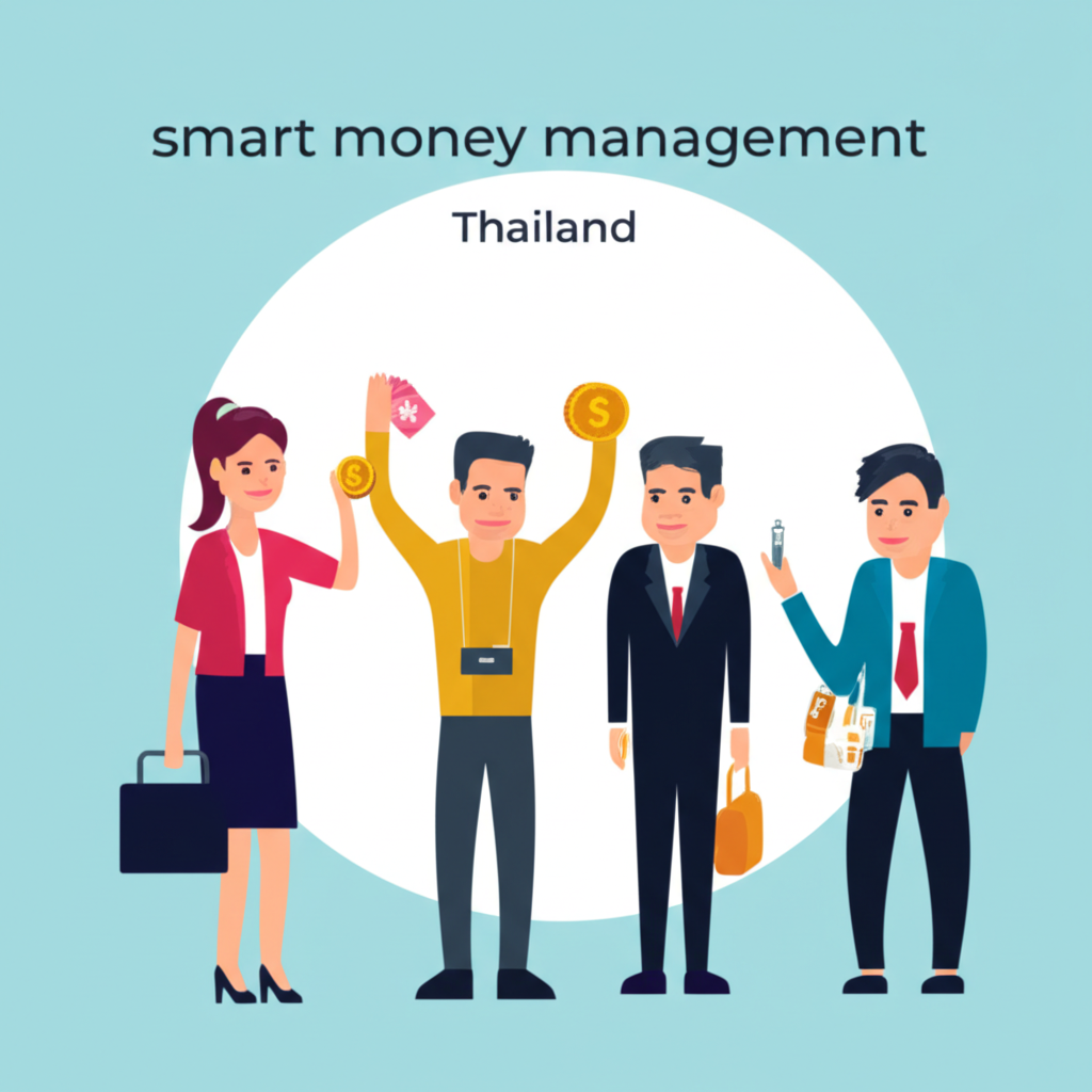 ภาพประกอบการแลกเปลี่ยนเงินตราต่างประเทศในประเทศไทย โดยมีนักท่องเที่ยว ชาวท้องถิ่น นักลงทุน และเจ้าของธุรกิจที่จัดการเงินอย่างชาญฉลาด