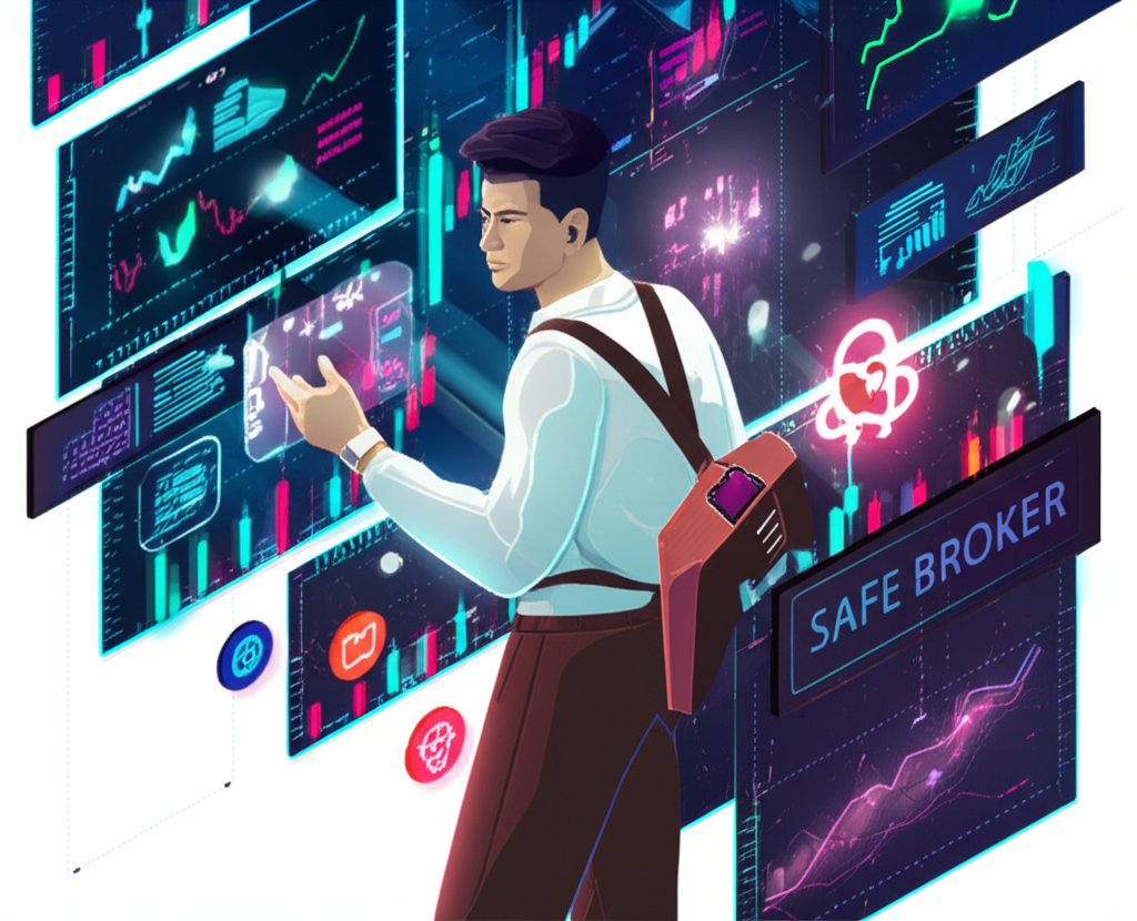 ภาพประกอบของเทรดเดอร์ชาวไทยที่กำลังนำทางในตลาดการเงินที่ซับซ้อนด้วยกราฟดิจิทัลและสัญลักษณ์โบรกเกอร์ที่ปลอดภัย