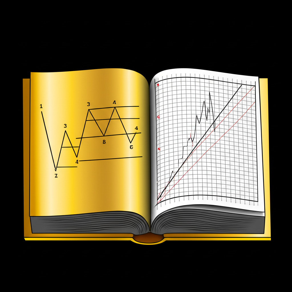 ภาพประกอบกฎทองของ Elliott Wave แสดงหนังสือกฎเหล็กพร้อมกราฟการเงินและเส้นแนวโน้ม