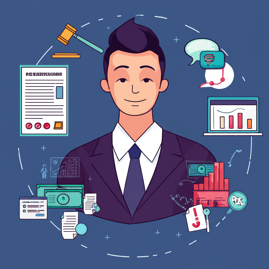An illustration of various elements representing forex trading criteria like regulations platforms spreads and customer service surrounding a confident Thai trader