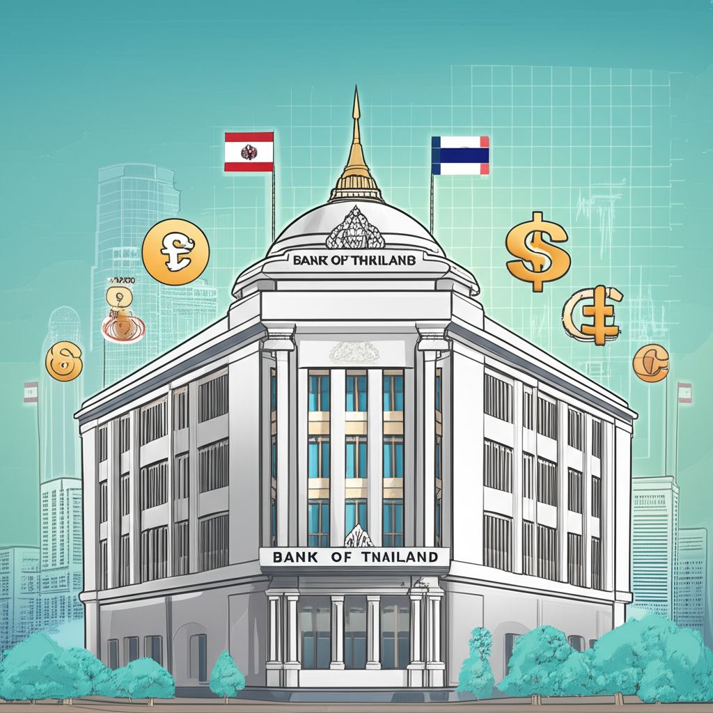 ภาพประกอบอาคารธนาคารแห่งประเทศไทยพร้อมสัญลักษณ์สกุลเงินและกราฟข้อมูล อำนาจข้อมูลอัตราแลกเปลี่ยนอย่างเป็นทางการ