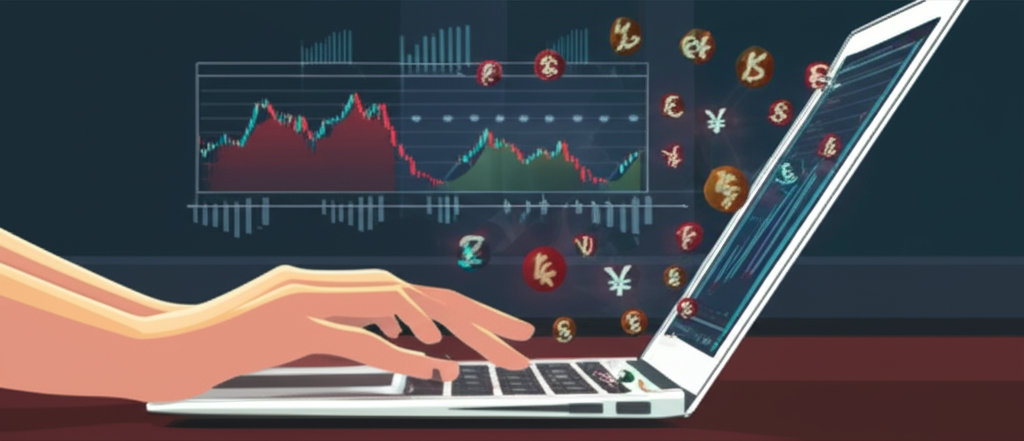 Illustration of a Thai person trading forex on a laptop at home digital charts and currency symbols