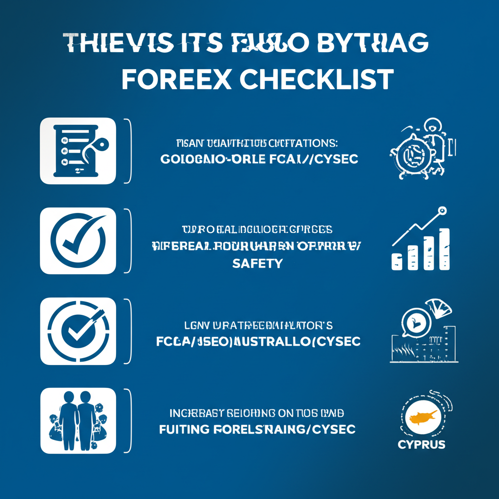 Illustrated checklist for forex broker selection focusing on global regulations like ASIC FCA CySEC for safety