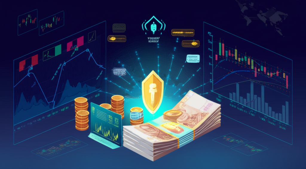 Illustration of a secure and efficient forex trading scene in Thailand 2025 with charts money and a trusted broker logo