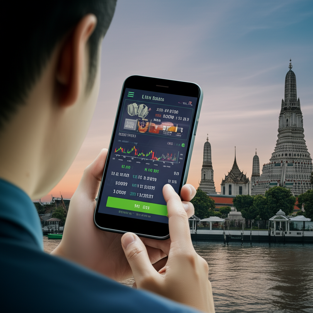 ภาพประกอบบุคคลกำลังตรวจสอบอัตราแลกเปลี่ยนเงินตราต่างประเทศแบบเรียลไทม์บนโทรศัพท์มือถือ พร้อมฉากหลังเป็นสถานที่สำคัญของไทย ข้อมูลอัตราแลกเปลี่ยนที่แม่นยำ