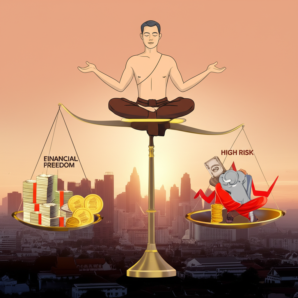 ภาพประกอบคนไทยกำลังถ่วงดุลระหว่างอิสระทางการเงิน กำไรสูง กับความเสี่ยงและความผันผวนของตลาดฟอเร็กซ์