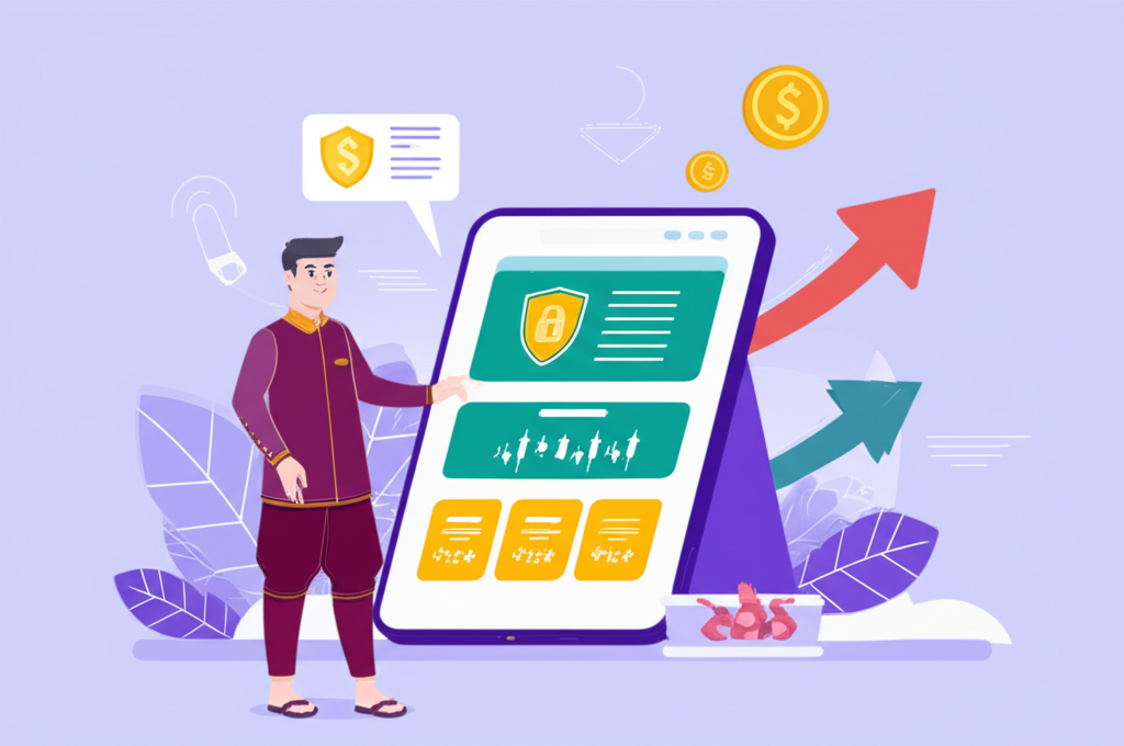 ภาพประกอบของนักลงทุนไทยที่กำลังเลือกโบรกเกอร์ Forex ที่ปลอดภัยอย่างมั่นใจบนแท็บเล็ต พร้อมสัญลักษณ์การเติบโตทางการเงิน