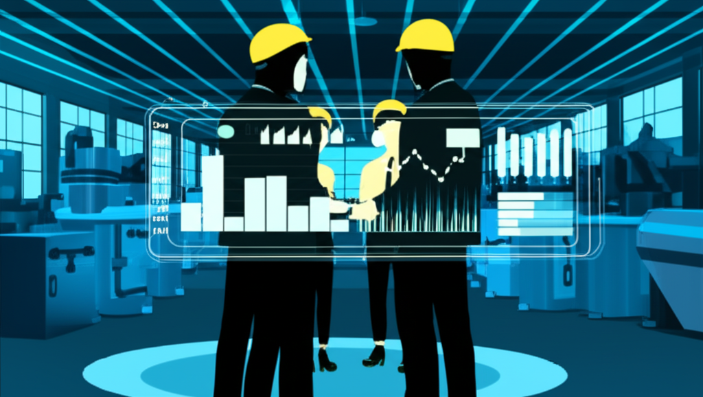 Business leaders discussing strategy in a factory setting with efficiency graphs