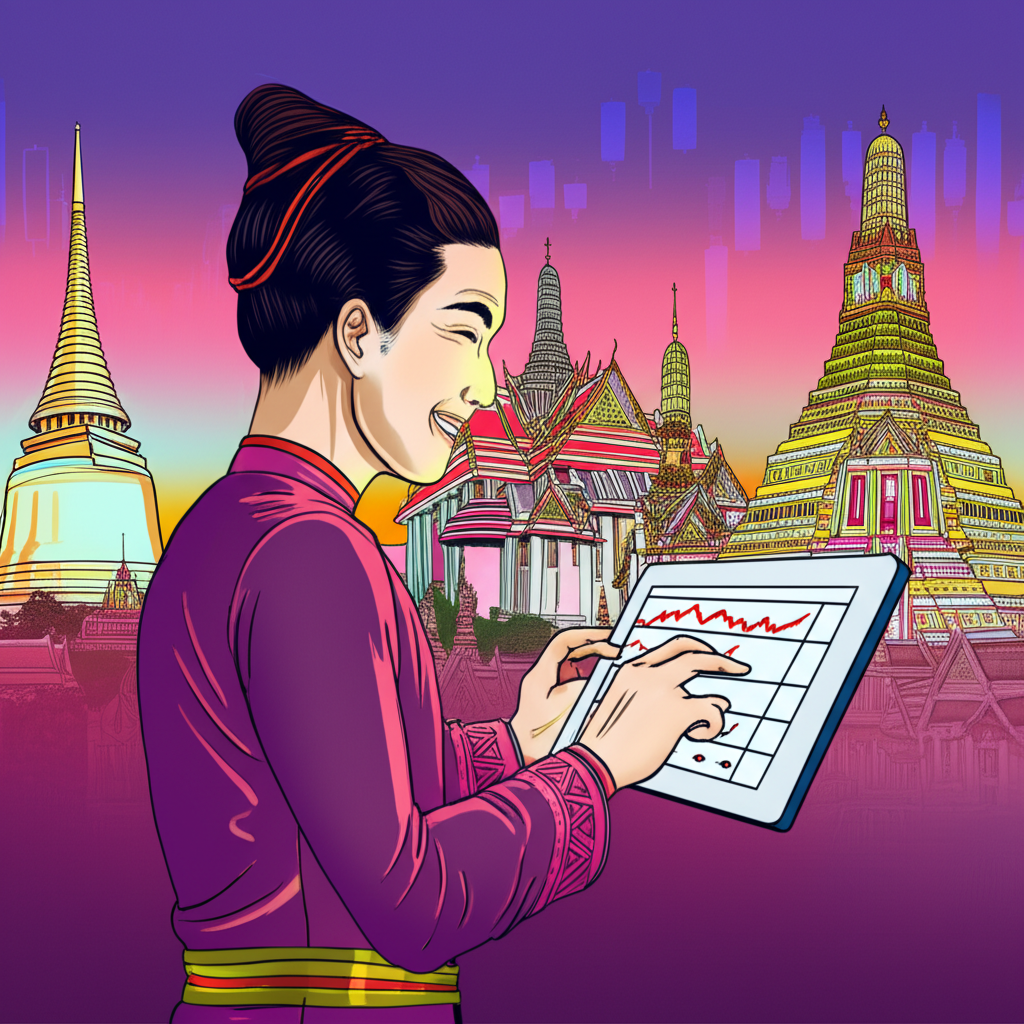 นักเทรดชาวไทยยิ้มขณะวิเคราะห์กราฟ Forex ท่ามกลางวัดไทยและทิวทัศน์เมืองที่คึกคัก
