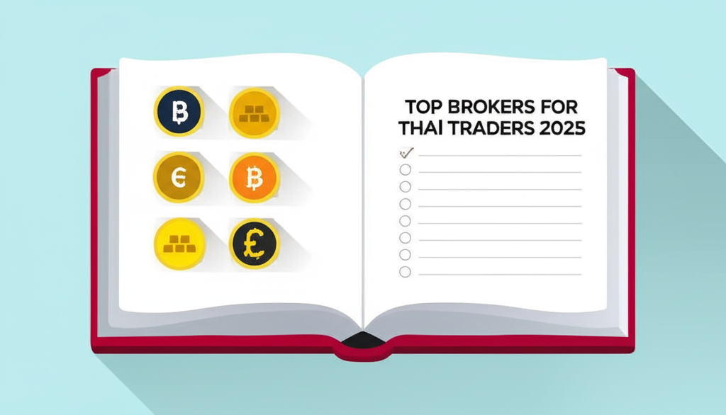 An illustrated guide book with icons representing forex gold and crypto markets and a list of top brokers for Thai traders 2025