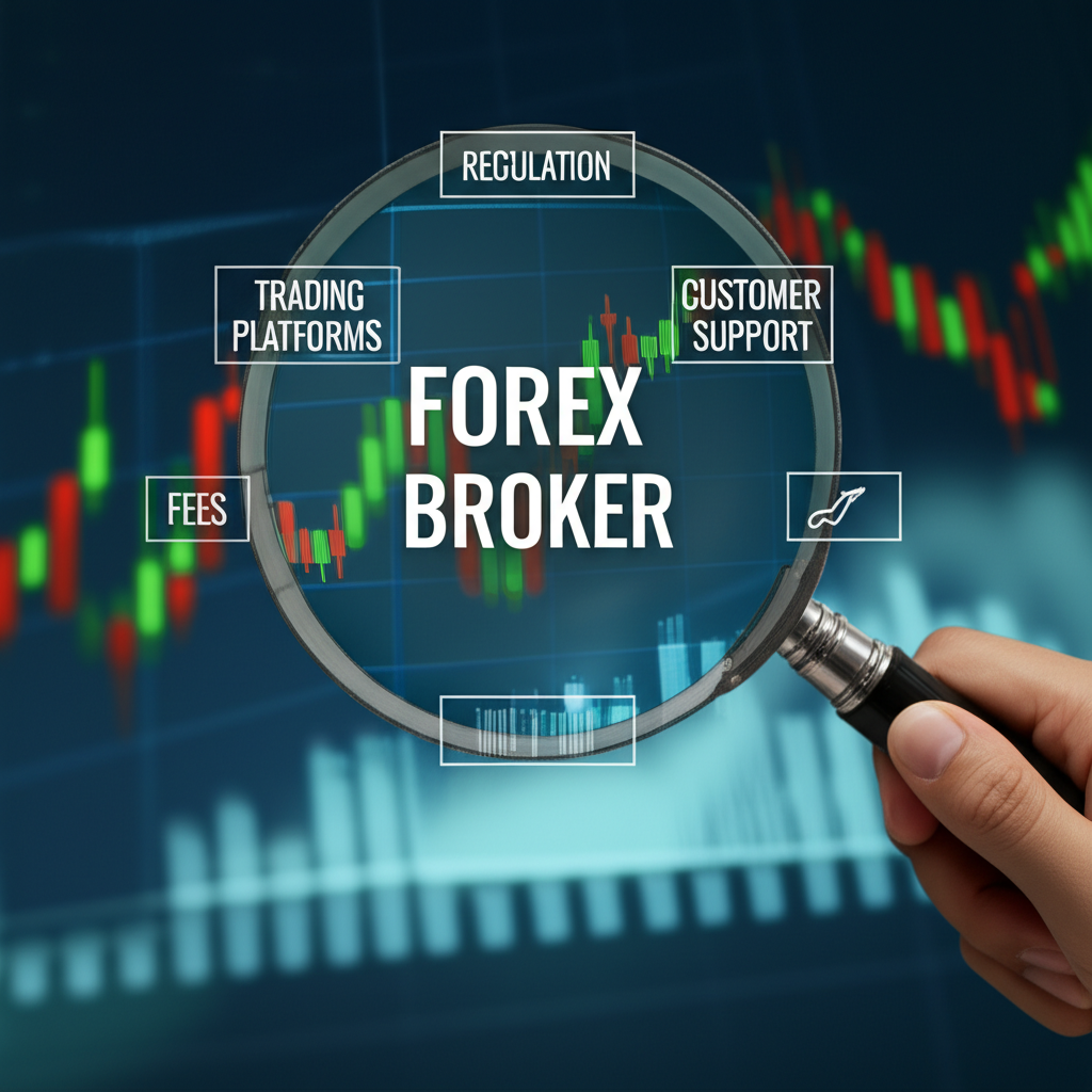 ภาพประกอบของแว่นขยายที่ตรวจสอบเกณฑ์โบรกเกอร์ Forex ต่างๆ เช่น การกำกับดูแลและค่าธรรมเนียม บนพื้นหลังของกราฟตลาด