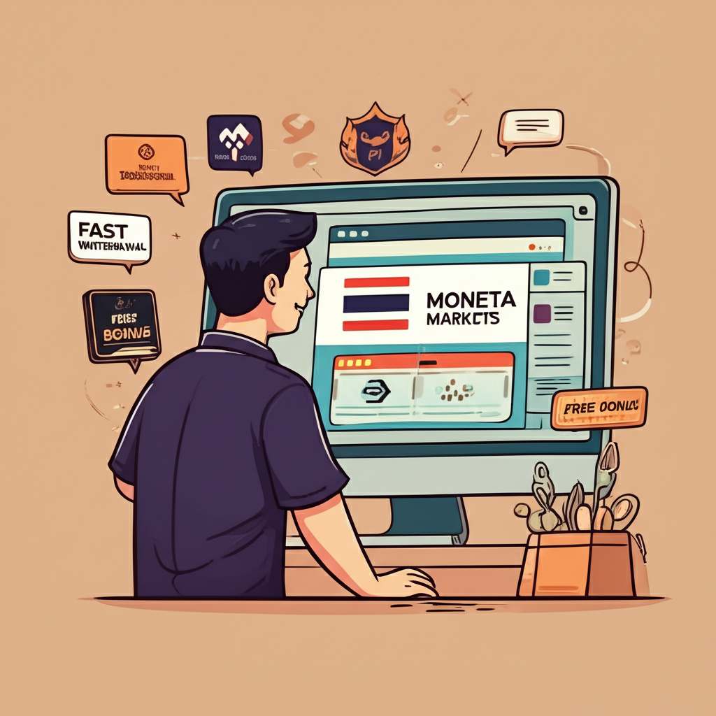 Illustration of a happy Thai trader in 2025 looking at a screen showing Moneta Markets and other top forex brokers with fast withdrawal and free bonus icons