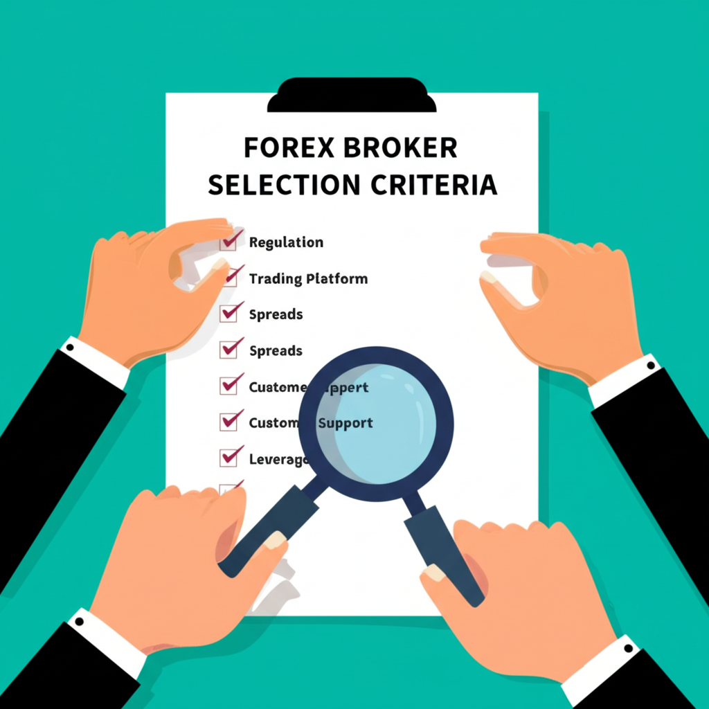 ภาพประกอบมือกำลังวิเคราะห์เกณฑ์ต่างๆ ในการเลือกโบรกเกอร์ Forex ด้วยรายการตรวจสอบและแว่นขยาย