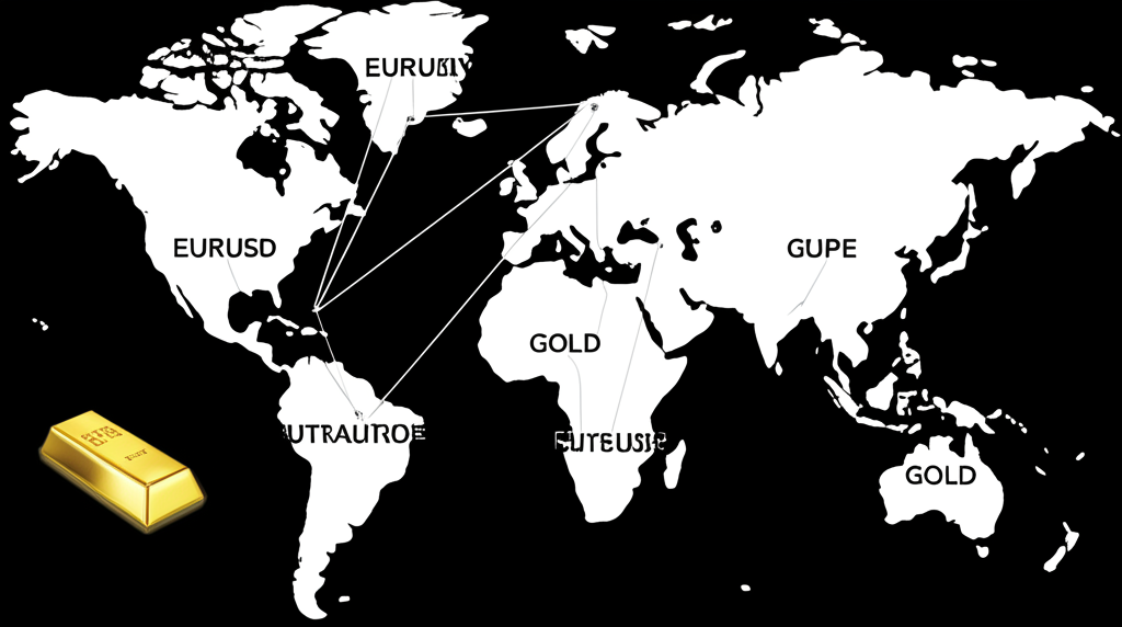 World map highlighting major economies and currency pairs like EUR/USD and gold prices