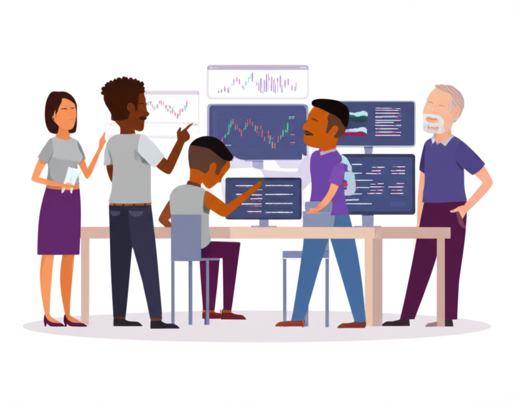 illustration of a diverse group of thai traders using a modern forex trading platform