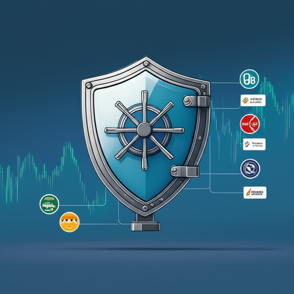 Secure digital vault with shield, low spread graph, and trading platform icons for broker selection