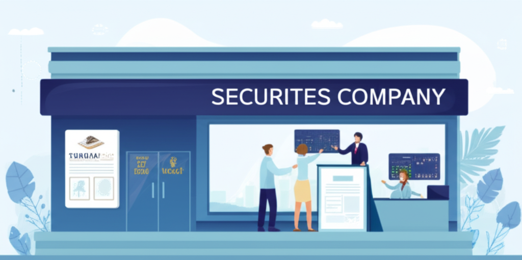 ภาพประกอบตึกสถาบันการเงินพร้อมป้ายบริษัทหลักทรัพย์ โบรคเกอร์ช่วยอำนวยการซื้อขายหุ้นให้ลูกค้าไทย