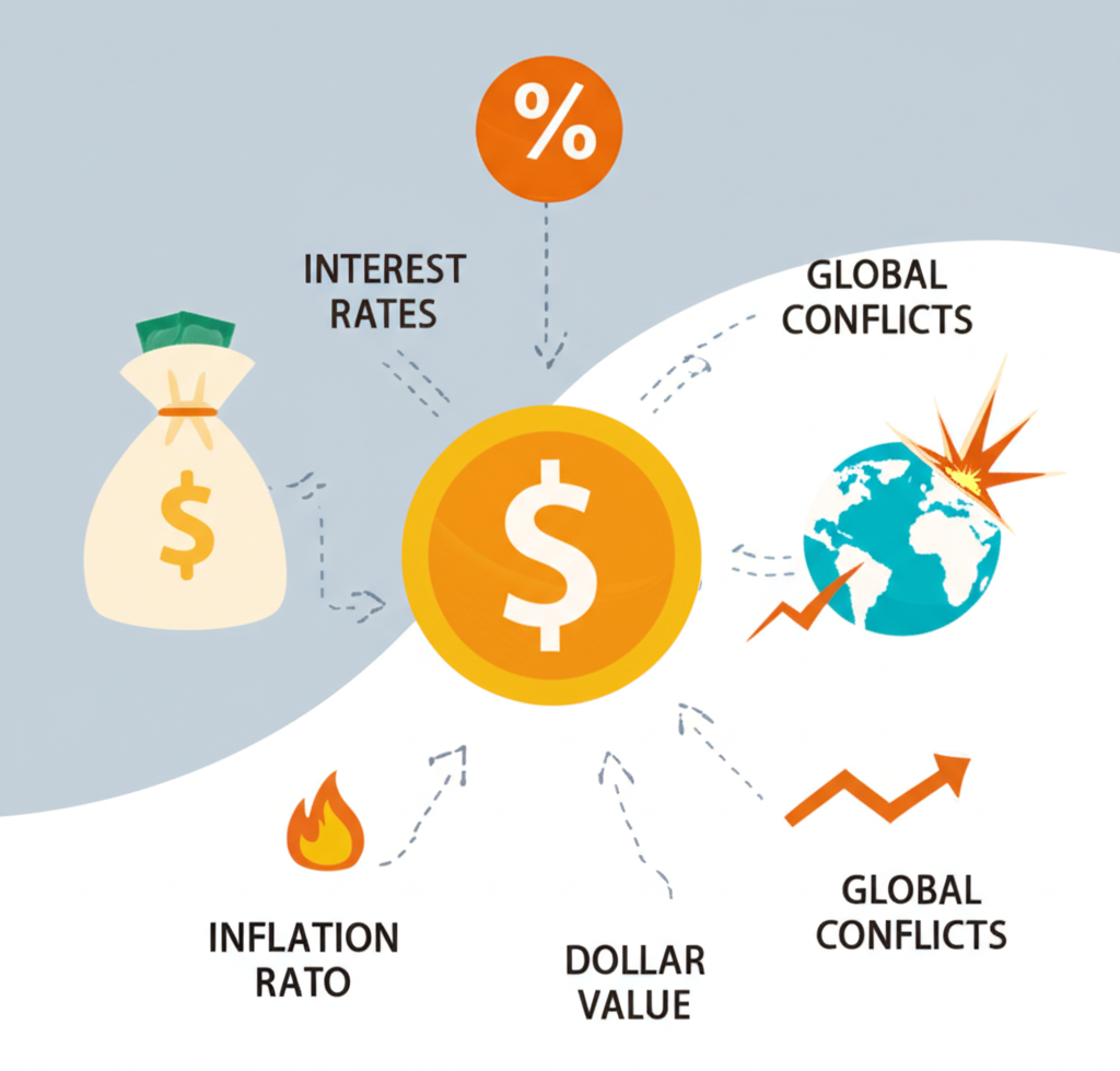 ภาพประกอบปัจจัยทางเศรษฐกิจ เช่น อัตราดอกเบี้ย เงินเฟ้อ มูลค่าดอลลาร์ และความขัดแย้งโลกที่ส่งผลต่อราคาทองคำ