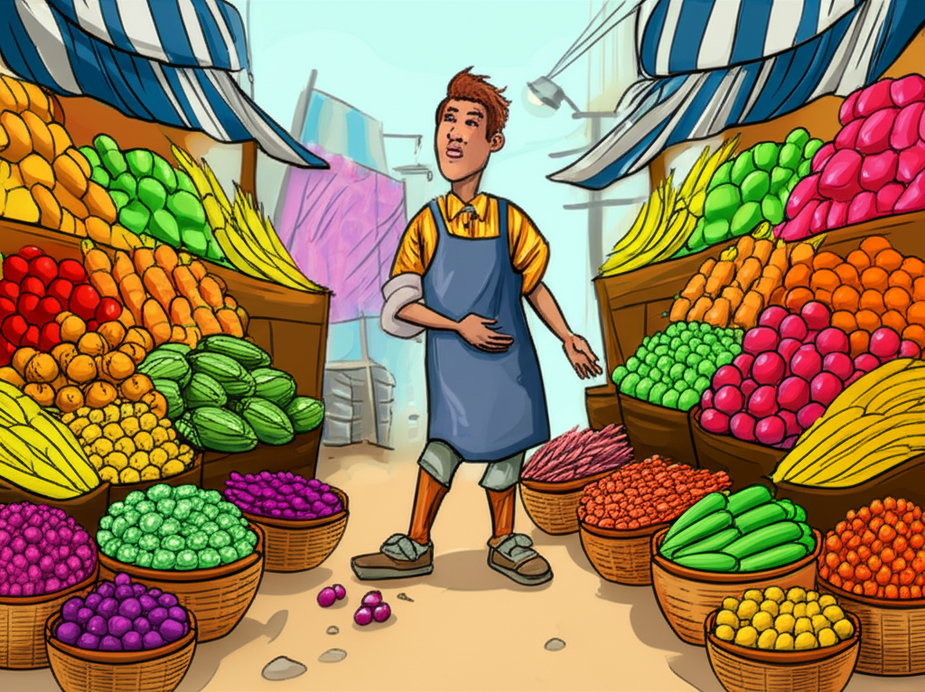 illustration of a person comparing lot sizes like different units of goods in a market
