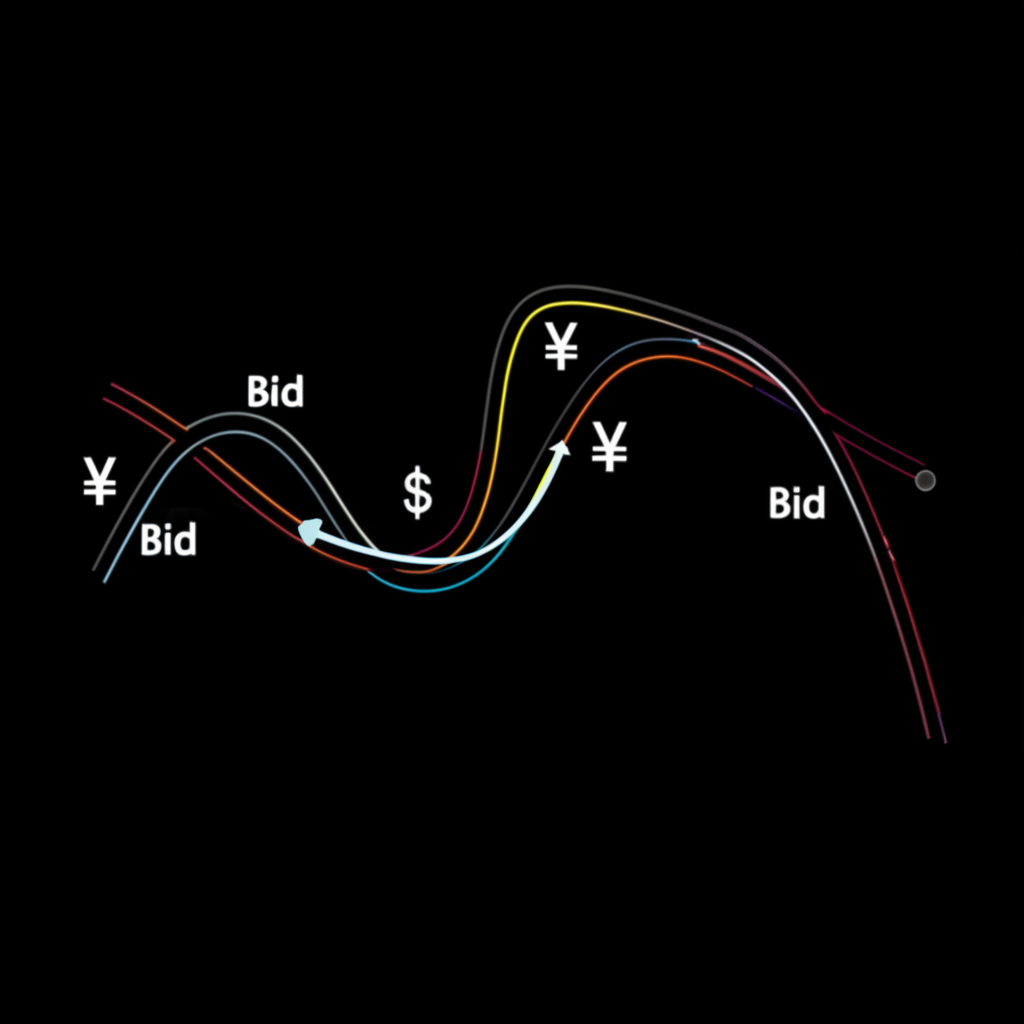 กราฟแสดงสเปรดแคบระหว่างราคาซื้อและขาย พร้อมสัญลักษณ์เงินตราและเส้นดำเนินการที่ราบรื่น