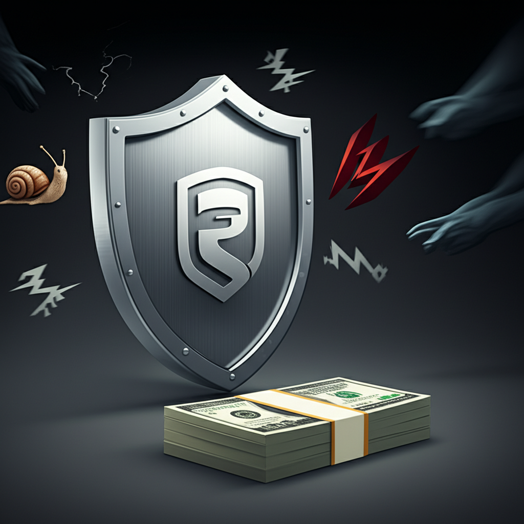 Illustration of a shield protecting a stack of money from various threats like slow execution and unfair spreads representing a reliable forex broker