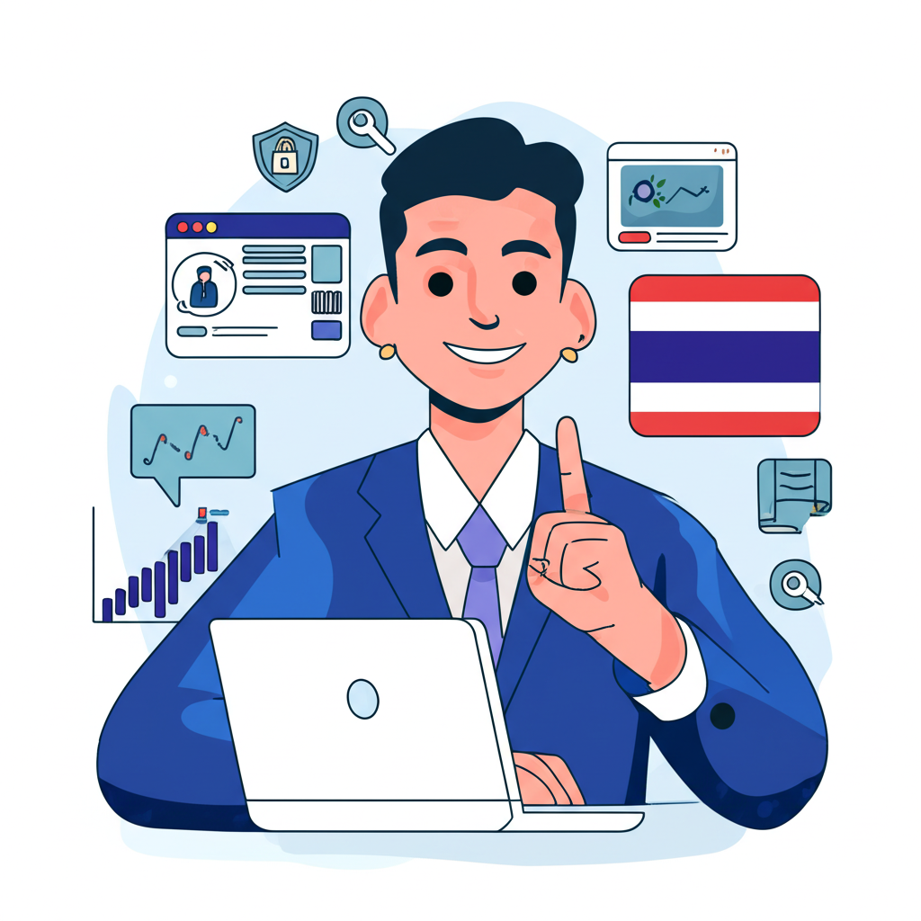 Thai trader confidently choosing a forex broker surrounded by icons of tools security and support illustration