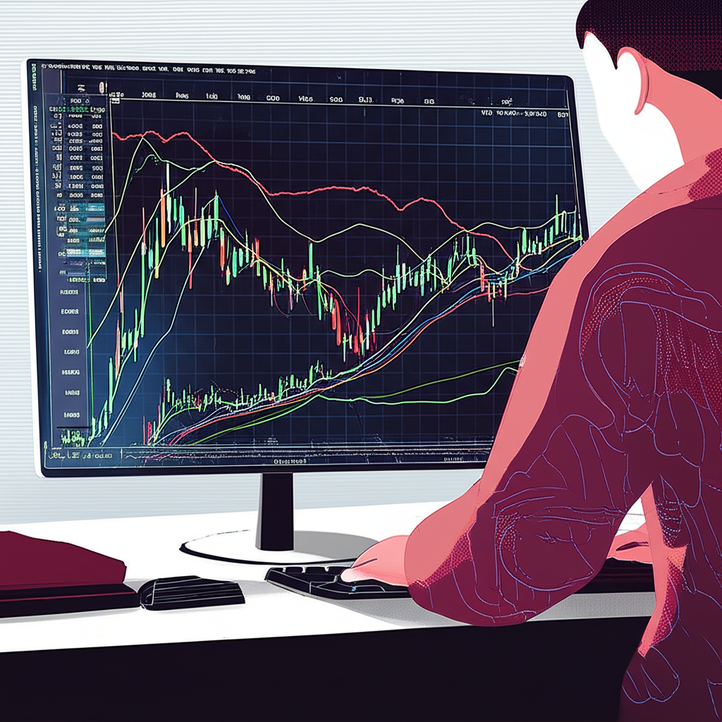 ภาพประกอบคนกำลังศึกษากราฟ Forex ที่ซับซ้อนพร้อมรูปแบบและตัวชี้วัดต่างๆ