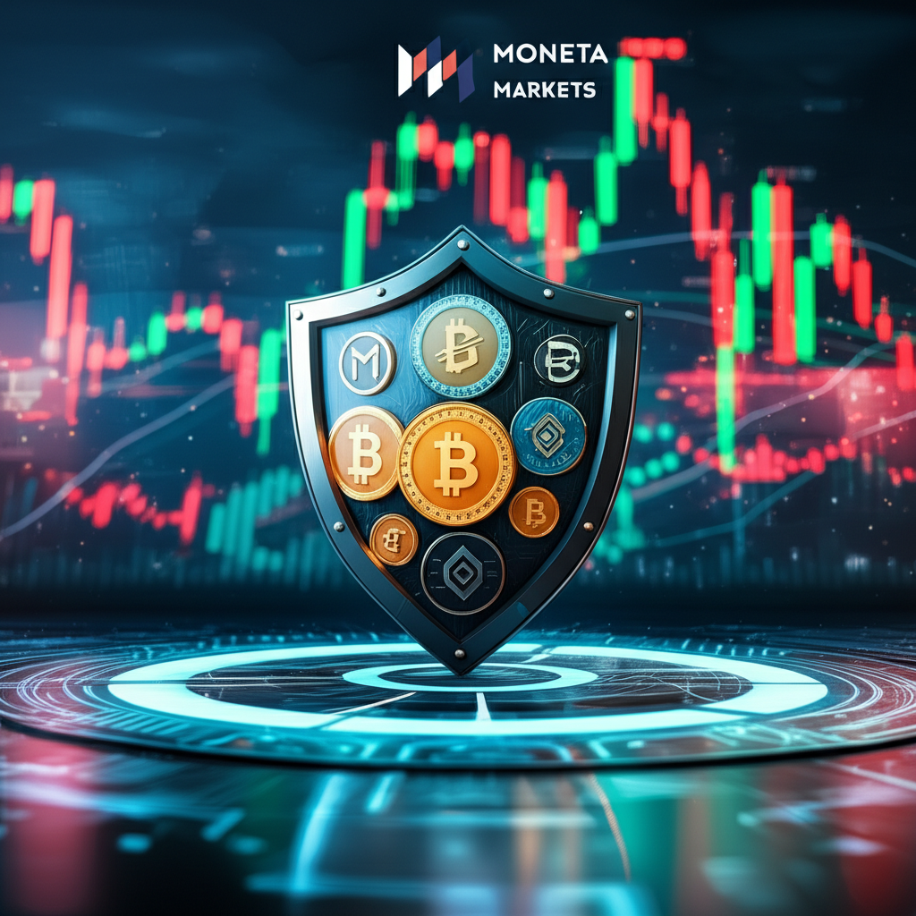 illustration of a shield protecting digital money on a trading platform with Moneta Markets logo in the background representing security and wise investment
