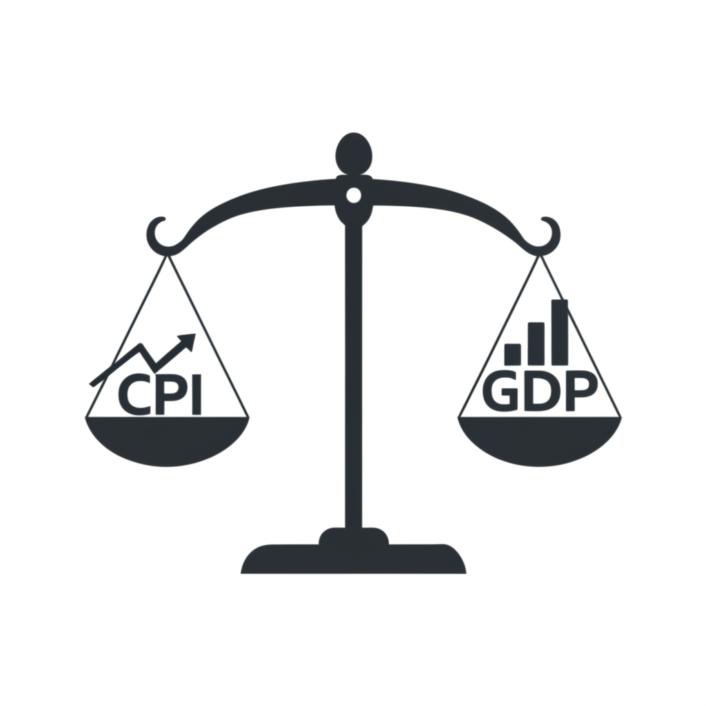 Economic indicators balance scale with CPI, unemployment, and GDP