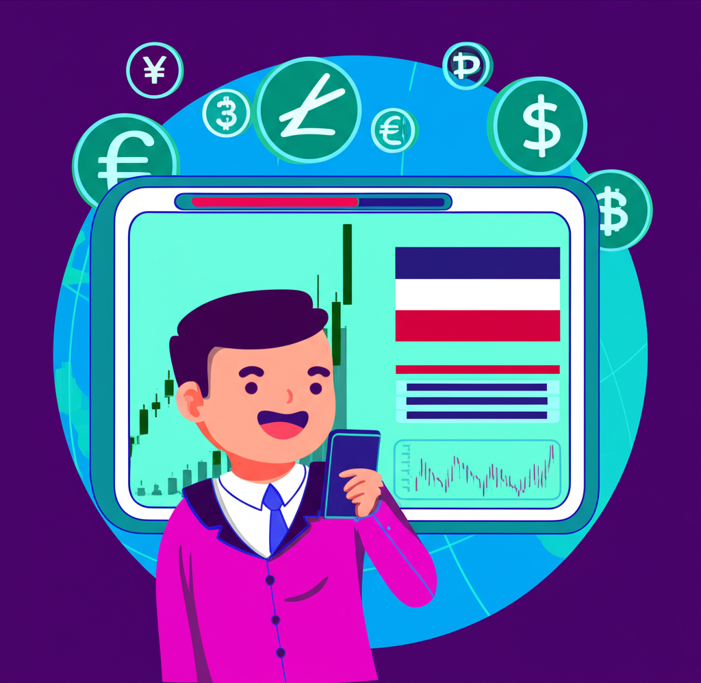An illustration of a Thai investor happily trading forex on a smartphone with charts and global currencies in the background