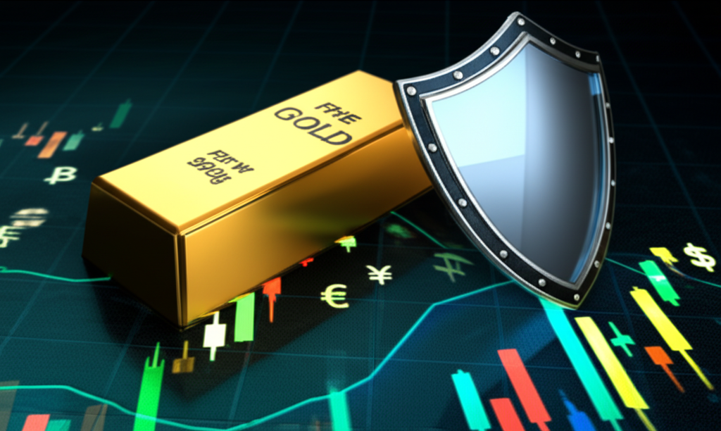 ภาพประกอบแท่งทองคำบนกราฟ Forex พร้อมสัญลักษณ์เศรษฐกิจโลกและโล่ป้องกัน