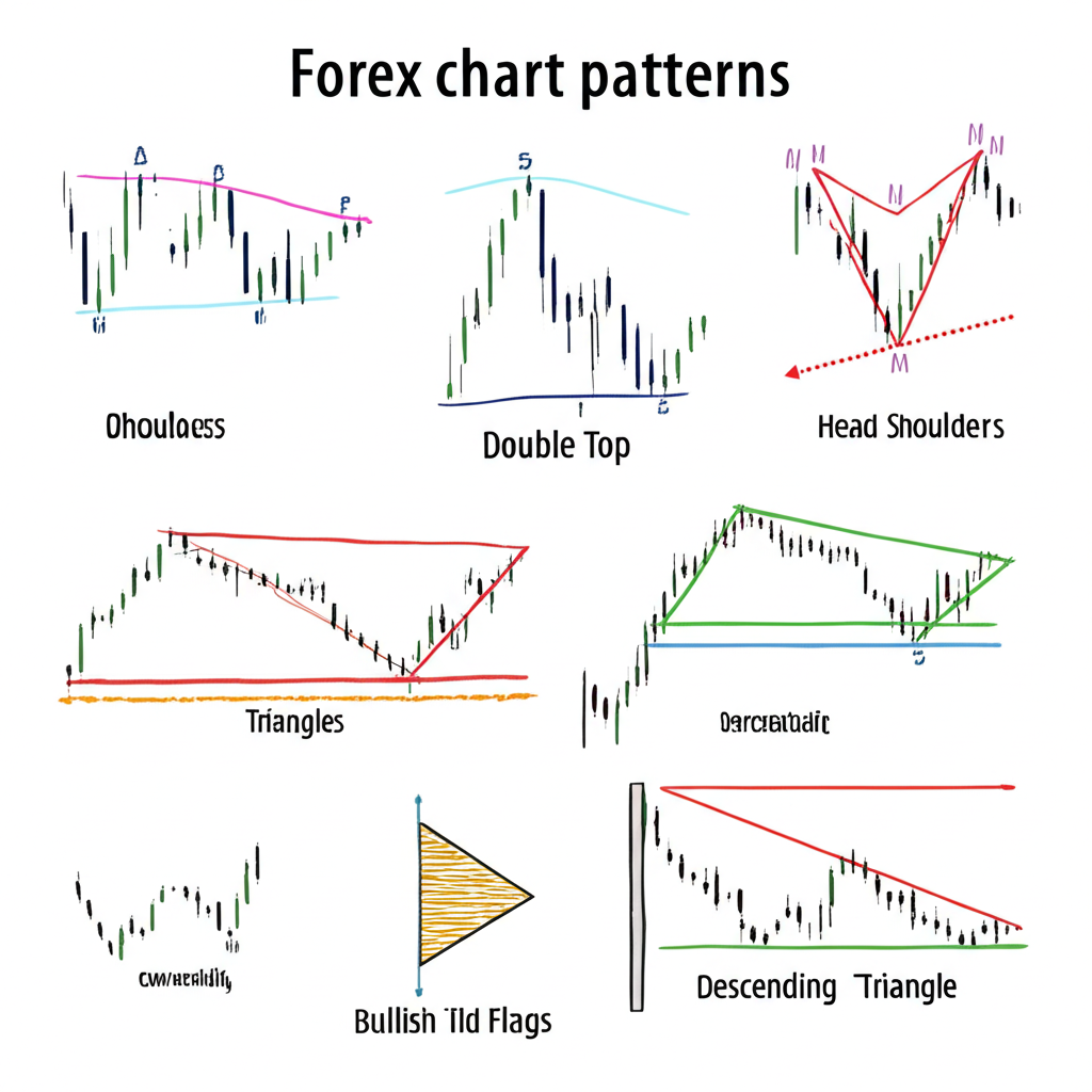 Illustration showing various Forex chart patterns like Head and Shoulders, Double Top, Triangles, and Flags for traders