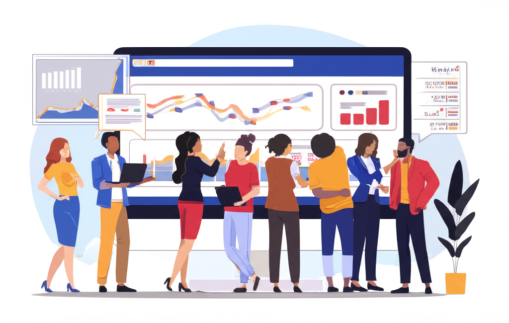 illustration of a diverse community of traders collaborating on a platform with market charts