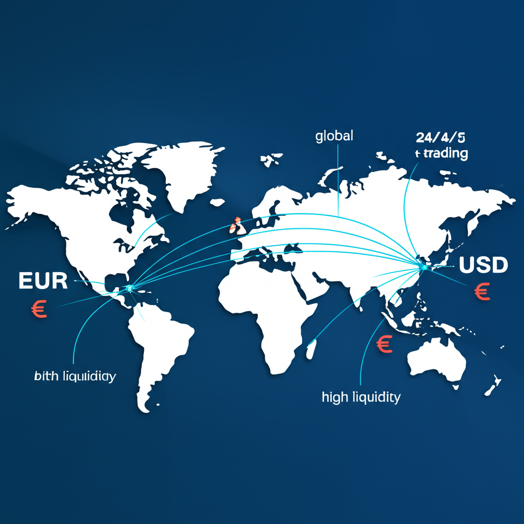 ภาพประกอบแผนที่โลกเชื่อมต่อคู่สกุลเงิน EUR USD ด้วยเส้นสาย แสดงแนวคิดการเทรดระดับโลก 24/5 และสภาพคล่องสูง