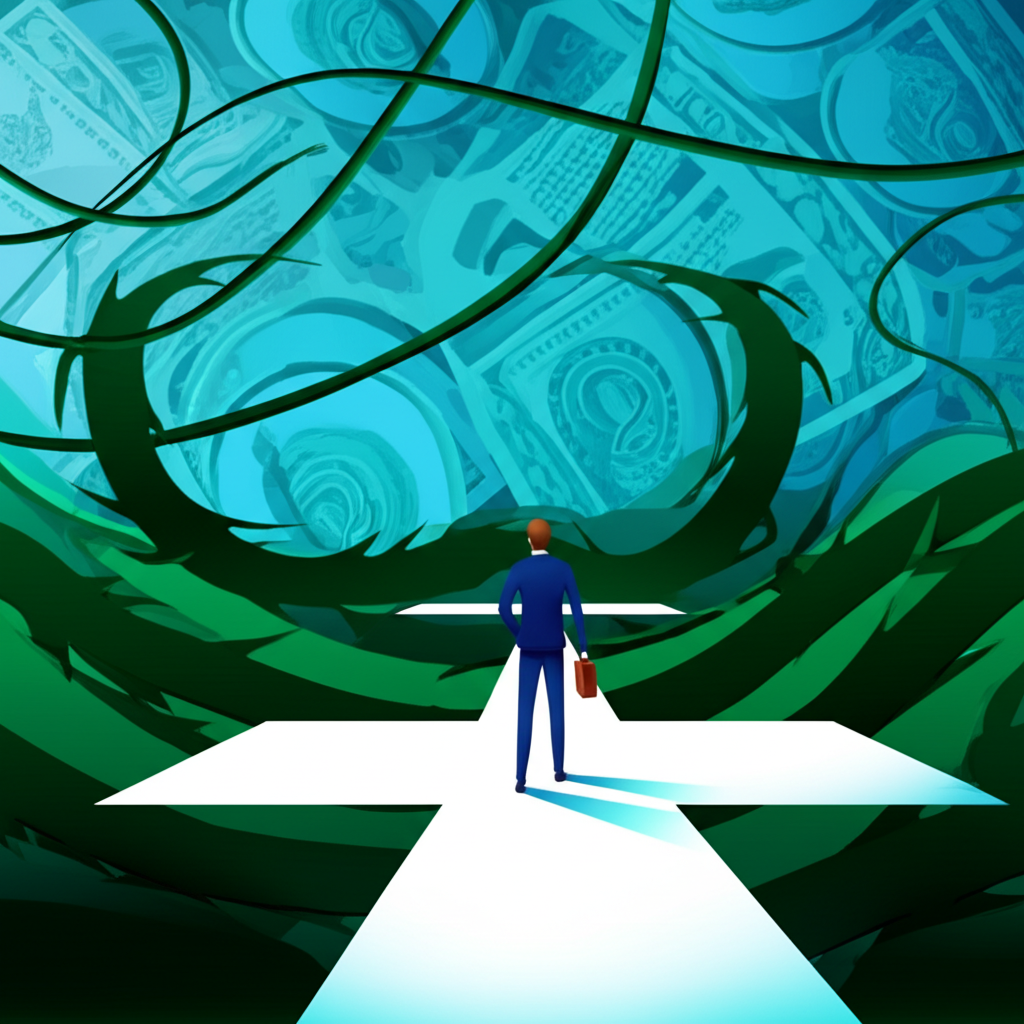 Illustration of a trader navigating a complex global financial market with a reliable forex broker as a clear path forward