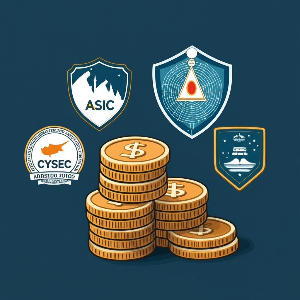 illustration of various international regulatory logos like ASIC and CySEC protecting a pile of money representing investor funds