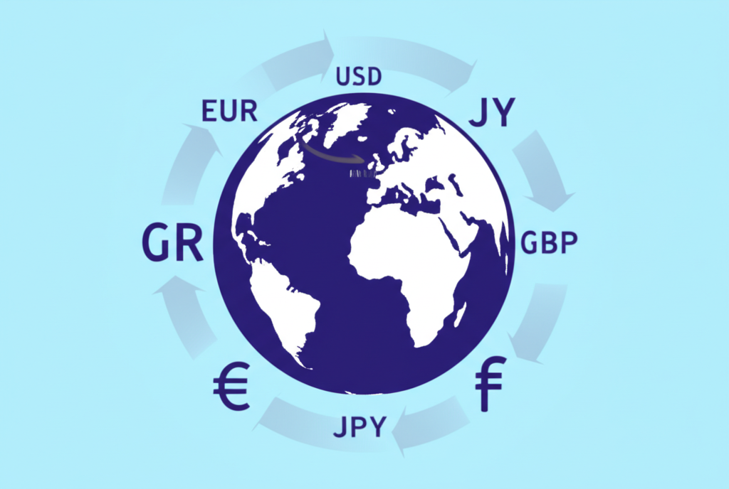 Illustration of major currency pairs EUR USD JPY GBP floating around a globe with exchange rate arrows