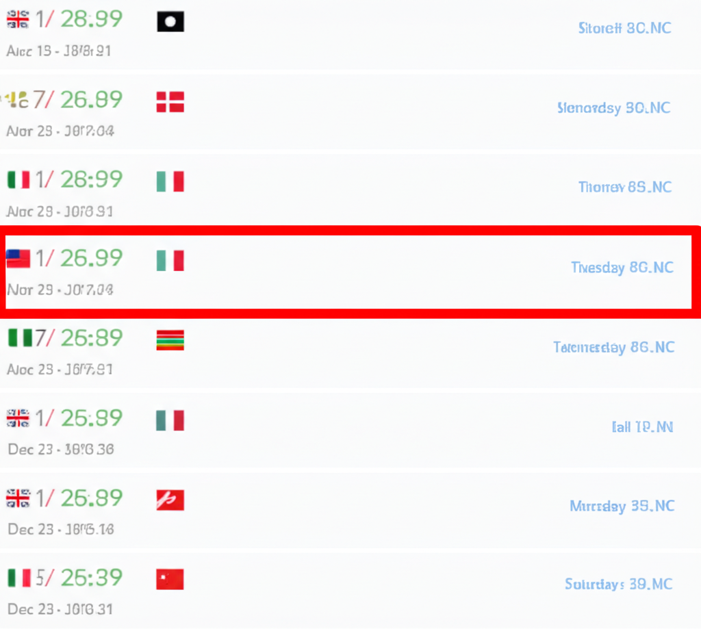 Digital economic calendar interface like Forex Factory with red high-impact news box