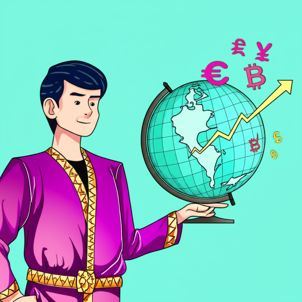 ภาพประกอบเทรดเดอร์ไทยมองโลกพร้อมสัญลักษณ์สกุลเงินและเส้นแนวโน้มขึ้น แสดงโอกาสในตลาด Forex