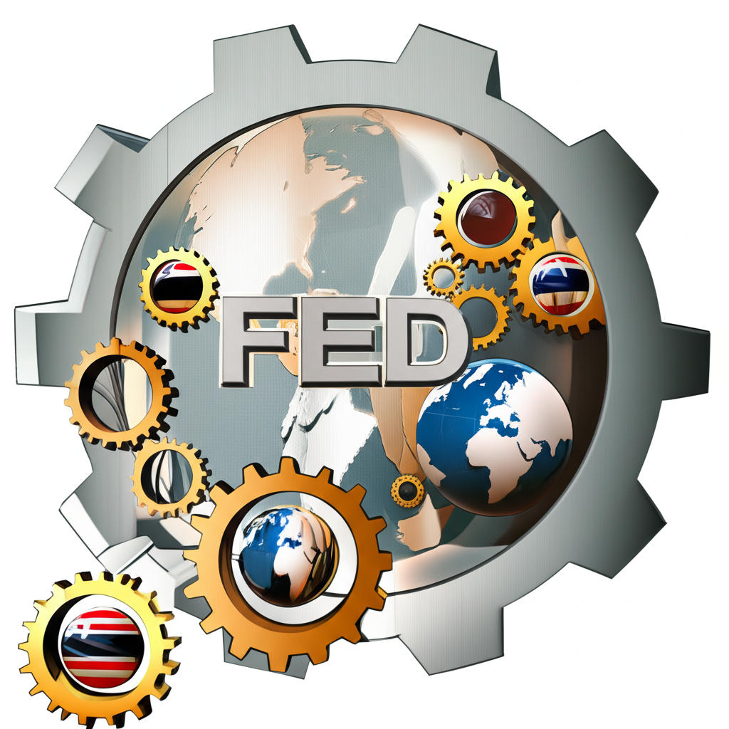 ภาพประกอบเฟืองใหญ่ติดป้าย Fed ที่มีอิทธิพลต่อเฟืองเล็กๆ เชื่อมโยงกันแทนเศรษฐกิจโลก รวมถึงไทย