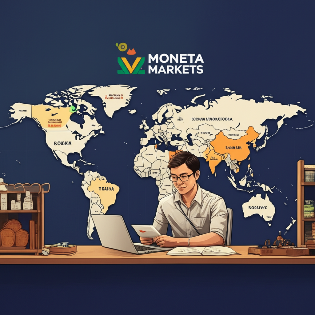 ภาพประกอบเทรดเดอร์ชาวไทยกำลังวิเคราะห์ช่วงเวลาซื้อขาย Forex บนแผนที่โลก โดยมีโลโก้ Moneta Markets ปรากฏอยู่อย่างชัดเจน พร้อมเน้นช่วงเวลาที่เหมาะสมที่สุดสำหรับการเทรด