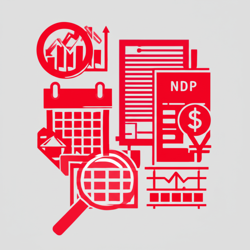 ไอคอนข่าวเศรษฐกิจสีแดงผลกระทบสูง เช่น NFP อัตราดอกเบี้ยและ GDP พร้อมแว่นขยาย